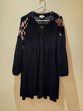 Umgee Black Velvet Dress with Pink Floral Shoulders